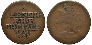 РЕЙС-ОБЕРГРЕЙЦ 1 ПФЕННИНГ 1789 LM, ГЕНРИХ XI (1723-1800) KM 77 медь 31-327