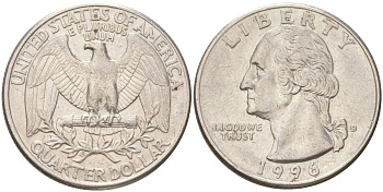 США 25 центов = квотер = 1/4 доллара 1996 D, Вашингтон KM 164a медь плакированная медно-никелем aUNC 4143-156