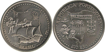 Португалия 200 эскудо 1999 500 лет с момента открытия Бразилии KM 718 медно-никель UNC 4677-531