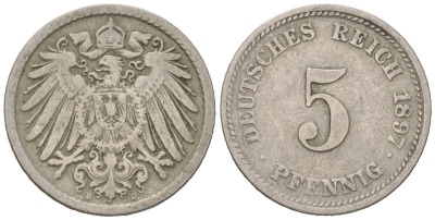 Германия 5 пфеннигов 1897 D, Вильгельм II (1888-1918) KM 11, J. 12 медно-никель 4615-728