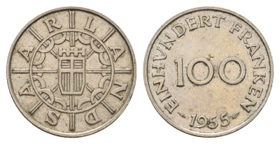 Саар 100 франков 1955 год-тип KM 4 медно-никель 77-745
