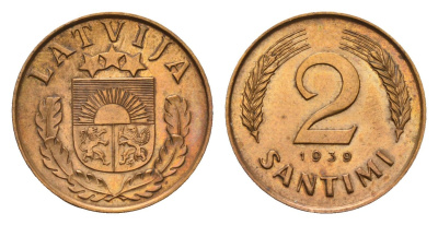 Латвия 2 сантима 1939 KM 11.2 бронза 4655-1164