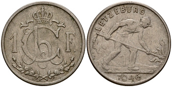 Люксембург 1 франк 1946 Шарлотта (1918-1964), сталевар KM 46.1 медно-никель 4603-1112