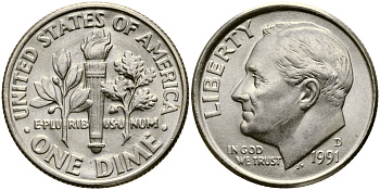 США 10 ЦЕНТОВ = 1 ДАЙМ 1991 D, РУЗВЕЛЬТ KM 195а медь плакированная медно-никелем 46-2352
