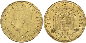 ИСПАНИЯ 1 ПЕСЕТА 1975 (76) ХУАН КАРЛОС I ( 1975-) KM 806 алюминиевая бронза 216-417