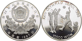 Южная Корея 10000 вон 1987 XXIV Летние Олимпийские игры в Сеуле 1988 года, волейбол KM 63 серебро PROOF 1078-8-31