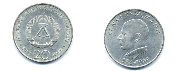 ГДР 20 марок 1971 A, 85 лет со дня рождения Эрнста Тельмана KM 34, J. 1535 медно-никель 3333-625