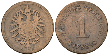 Германия 1 пфенниг 1874 E, старогербовка KM 1, J. 1 медь 4623-432