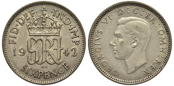 Великобритания 6 пенсов 1942 Георг VI (1936-1952) KM 852, Spink 4084 серебро 4538-521