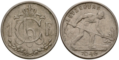 Люксембург 1 франк 1946 Шарлотта (1918-1964), сталевар KM 46.1 медно-никель 4603-1112