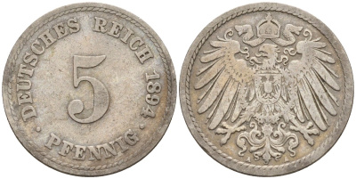 Германия 5 пфеннигов 1894 A KM 11, J. 12 медно-никель 4151-368