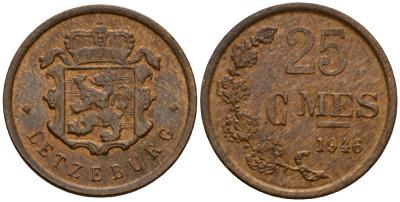 Люксембург 25 сантимов 1946 Шарлотта (1918-1964) KM 45 бронза 4115-139