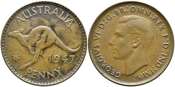 АВСТРАЛИЯ 1 ПЕННИ 1947 m, ГЕОРГ VI (1936-1952), КЕНГУРУ KM 36 бронза 4394-345