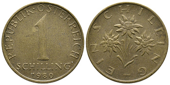 Австрия 1 шиллинг 1980 KM 2886 алюминиевая бронза 36-524