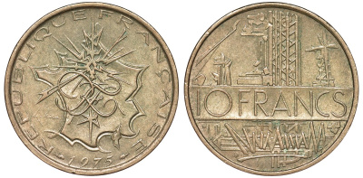 Франция 10 франков 1975 тип Матье KM 940, Le Franc 365.5-6 никель латунь 51-4016