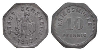 Бенсхайм 10 пфеннигов 1917 Funck 34.3, Men05 1739.4, Men18 2245.4 цинк 4636-723