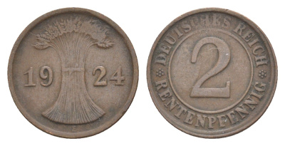 Германия 2 рентенпфеннига 1924 E KM 31, J.307, Weege 3 медь 4639-1236