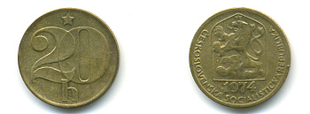 ЧЕХОСЛОВАКИЯ 20 ГЕЛЛЕРОВ 1974 KM 74 латунь 89-1814