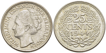 Нидерланды 25 центов 1944 Вильгельмина (1890-1948) KM 164 серебро aUNC 66-1154