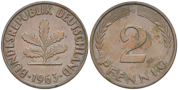 ФРГ 2 ПФЕННИГА 1963 G KM 106, J. 381 бронза 4181-737