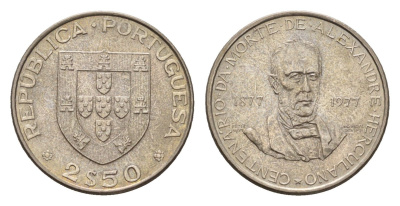 Португалия 2,5 эскудо 1977 100 лет со дня смерти Алешандре Эркулано KM 605 медно-никель UNC 4679-531