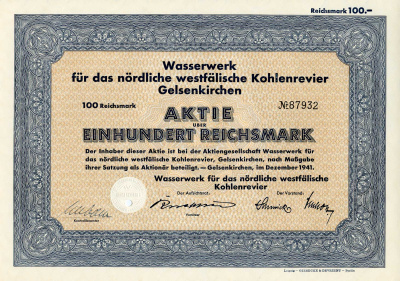 Германия 100 рейхсмарок 1941 Гидротехнические сооружения для угольного месторождения Гельзенкирхен в Северной Вестфалии, акция   бумага   8802-37-1