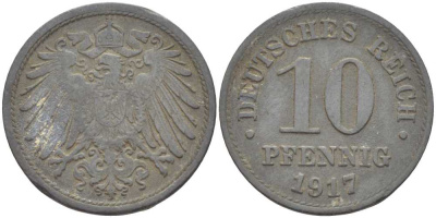 ГЕРМАНИЯ 10 ПФЕННИГОВ 1917 KM 26, J. 299 цинк 4401-126