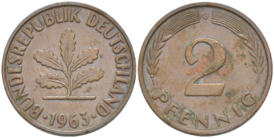 ФРГ 2 ПФЕННИГА 1963 G KM 106, J. 381 бронза 4181-737