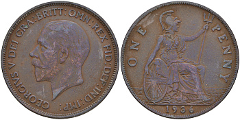 Великобритания 1 пенни 1936 Георг V (1910-1936) KM 838, Spink 4055 бронза 4557-1015