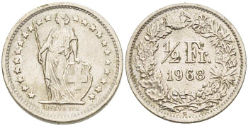 Швейцария 1/2 франка 1968 В KM 23а.1 медно-никель 217-1135