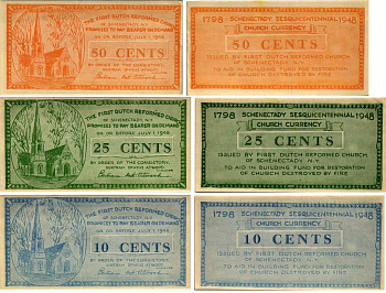 США НАБОР ИЗ ТРЁХ БАНКНОТ 1948 150 ЛЕТ ПЕРВОЙ НЕМЕЦКОЙ РЕФОРМИСТСКОЙ ЦЕРКВИ, 10, 25, 50 ЦЕНТОВ, ЧАСТНЫЙ ВЫПУСК бумага 7214-9-1-2