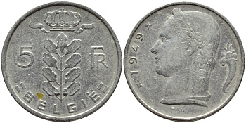 БЕЛЬГИЯ 5 ФРАНКОВ 1949 BELGIE KM 135.1 медно-никель 4395-517