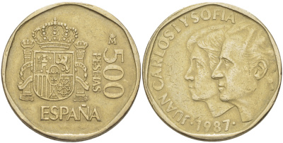 ИСПАНИЯ 500 ПЕСЕТ 1987 ХУАН КАРЛОС И СОФИЯ, ХУАН КАРЛОС I ( 1975-) KM 831 медь алюминий никель 4185-1023