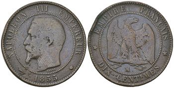 Франция 10 сантимов 1855 MA, Наполеон III (1852-1870) KM 771.6, Le Franc 133 бронза 4607-831