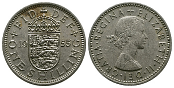 Великобритания 1 шиллинг 1955 Елизавета II (1952-2022), Английский герб KM 904, Spink 4147 медно-никель 4384-313
