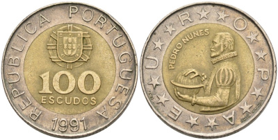Португалия 100 эскудо 1991 Педру Нуниш (1502-1578), математик KM 645.1 биметалл 4571-953