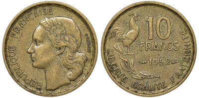Франция 10 франков 1952 петух KM 915.1, Le Franc 363.4 алюминиевая бронза 51-2516