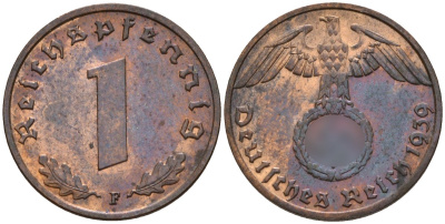 Германия 1 рейхспфенниг 1939 F KM 89, J. 361 бронза 4147-1216