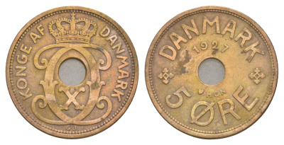 Дания 5 эре 1927 HCN, Кристиан X (1912-1947) KM 828 бронза 4657-231