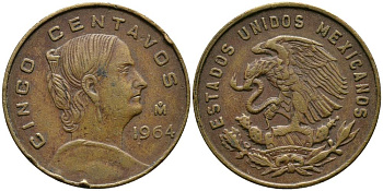 Мексика 5 сентаво 1964 Жозефа Ортис де Домингес KM 426 латунь 4549-334