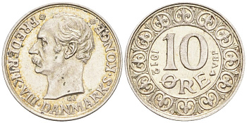 Дания 10 эре 1912 VBP; GJ, Фредерик VIII (1906-1912) KM 807 серебро 188-1238