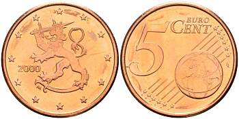 Финляндия 5 евроцентов 2000 из ролла KM 100 сталь плакированная медью UNC M50-21