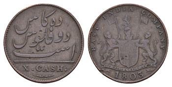 Британская Индия, Мадрас (Пагода) 10 кэш 1803 KM 319 медь 4656-125