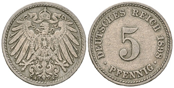 Германия 5 пфеннигов 1898 A, Вильгельм II (1888-1918) KM 11, J. 12 медно-никель 4615-729