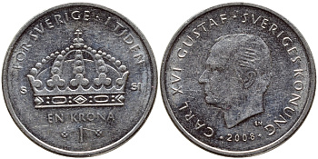 Швеция 1 крона 2008 Карл XVI Густав (1973- ) KM 894 медно-никель 86-933