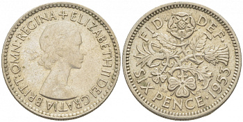 Великобритания 6 пенсов 1953 Елизавета II (1952-2022) KM 889, Spink 4141 медно-никель 3955-413
