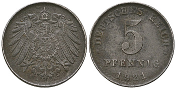 Германия 5 пфеннигов 1921 A KM 19, AKS 17, J 297, Schon DM 20, Neum 33 железо 4588-569
