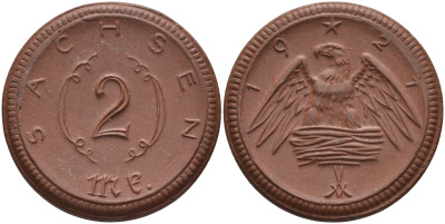 Саксония 2 марки 1921 J. N 56 фарфор 1094-1-53
