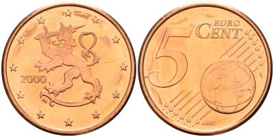 Финляндия 5 евроцентов 2000 из ролла KM 100 сталь плакированная медью UNC M50-21