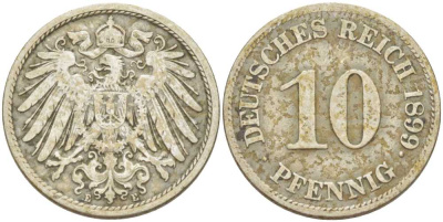ГЕРМАНИЯ 10 ПФЕННИГОВ 1899 E KM 12, J. 13, Weege 8 медно-никель 261-1336